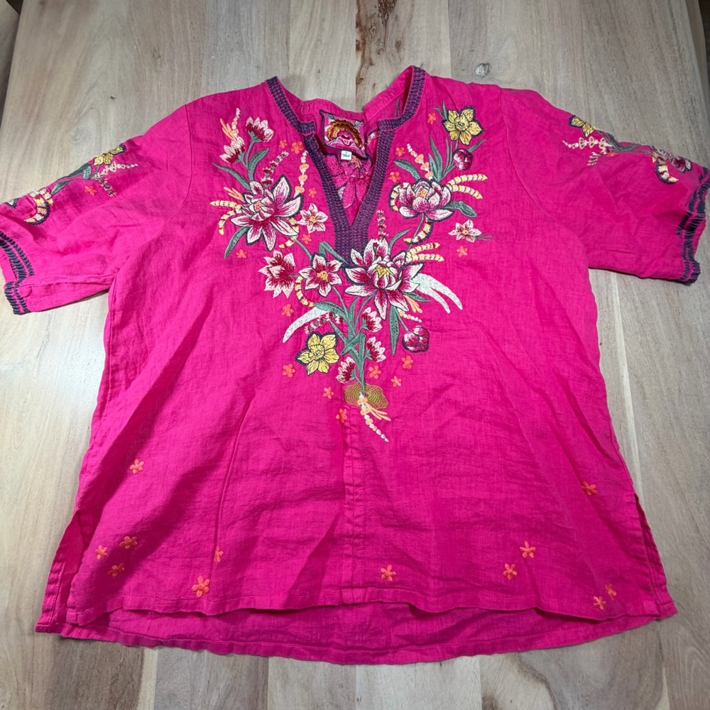 Johnny Was Jessica V Neck 1/2 Sleeve Floral Embroidered Pink Top Size Large